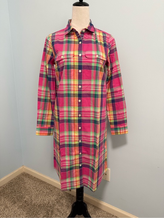 Lands' End Dresses & Skirts - NWT Lands’ End Madras Plaid Shirt Dress Women’s 2 Pink Cotton Button Front